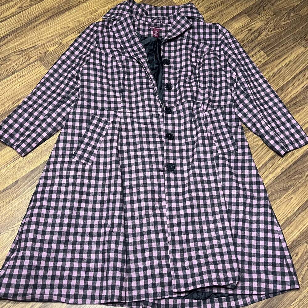 Jessica London Women's Pink and Black Gingham Plaid Wool Blend Trench Coat Size